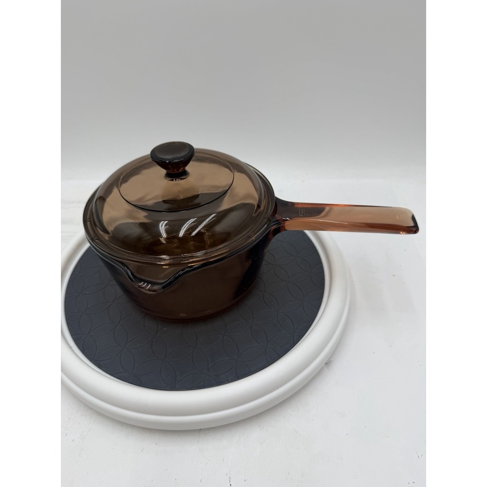 Vintage Visions Corning 1L Amber Saucepan Pot w/ Pyrex V-1-C Lid USA